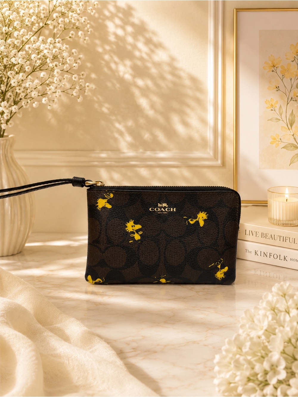 Coach X Peanuts Snoopy Woodstock Wristlet C4588 Brown Yellow Wallet EUC